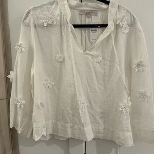 LOFT White Blouse with Embellished Flowers